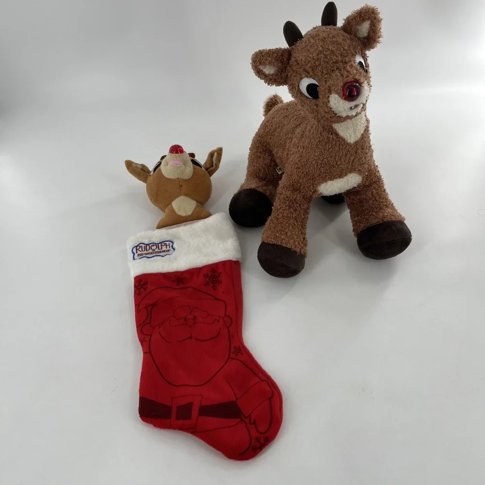 Kurt Adler 3D Christmas Stocking & Build A Bear Plush Rudolph Red Nosed Reindeer